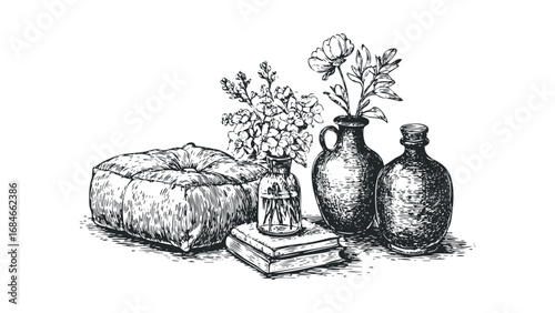 Sketch of floral arrangements in ceramic vases beside a book and cushion. Vector hand drawn illustration