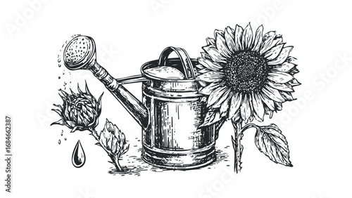 Black and white sketch of a watering can with a sunflower and buds. Vector hand drawn illustration