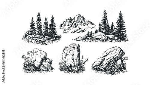 Sketch of mountainous landscape with evergreen trees and rocks. Vector hand drawn illustration