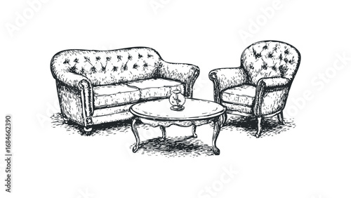 Hand Drawn Tufted Sofa and Armchair with Coffee Table Sketch. Vector hand drawn illustration