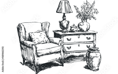 Hand Drawn Armchair Beside Chest of Drawers with Lamp and Vase. Vector hand drawn illustration