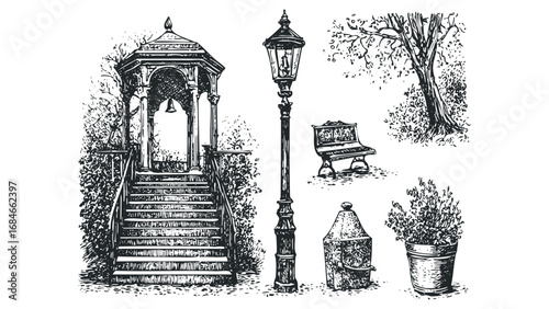 Sketch of Gazebo, Lamp Post, Bench, Tree and Plant on Transparent Background. Vector hand drawn illustration