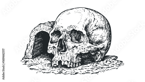 Ornate Skull Resting Beside Ancient Stone Archway. Vector hand drawn illustration