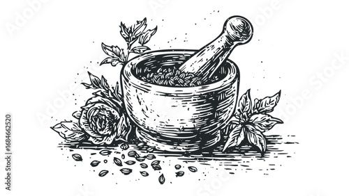 Engraved Mortar and Pestle with Rose and Leaves. Vector hand drawn illustration