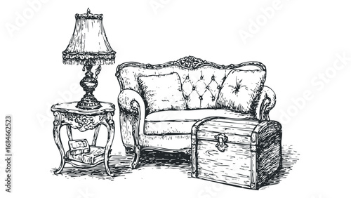 Sketch of ornate armchair, antique side table with lamp and books, and wooden chest. Vector hand drawn illustration