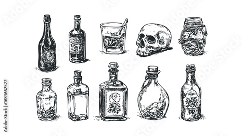 Collection of antique glass bottles and human skull drawing. Vector hand drawn illustration