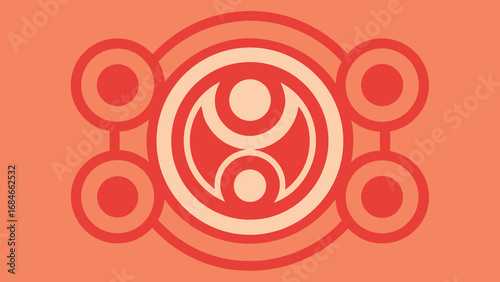 Abstract Geometric Symbol with Concentric Circles and Connected Orbs in Coral and Peach Tones pattern