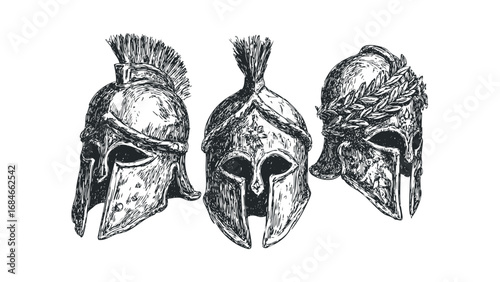 Three hand-drawn ancient Greek helmets with detailed textures on a white background. Vector hand drawn illustration
