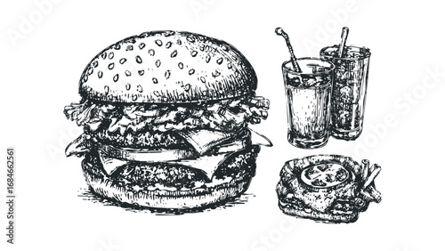 Sketch of a large hamburger with drinks and a side of fries. Vector hand drawn illustration