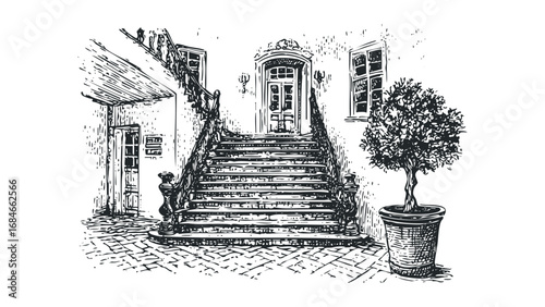 Sketch of a Grand Staircase with Decorative Tree. Vector hand drawn illustration