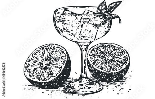 Hand drawn beverage in a coupe glass with mint and citrus fruit slices. Vector hand drawn illustration