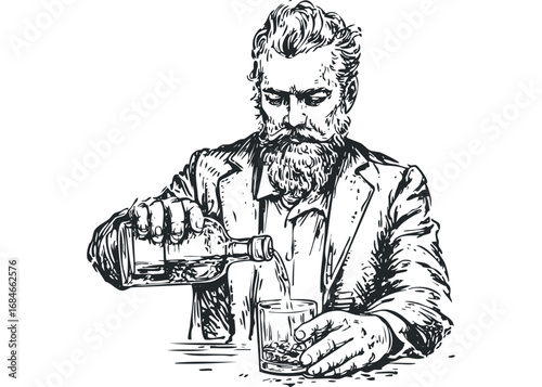 Man pouring whiskey from bottle into glass with ice. Vector hand drawn illustration
