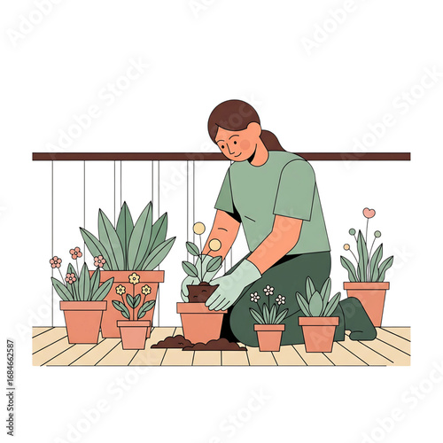 A woman happily tending to her potted plants on a balcony. This vector illustration is perfect for themes of gardening, hobbies, and home life.