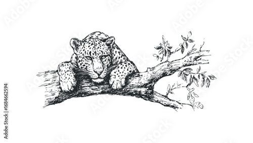 Sketch of a leopard resting on a tree branch on a white background. Vector hand drawn illustration