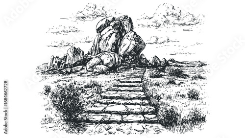 Sketch of Stone Steps Leading to Large Rocks Under a Cloudy Sky. Vector hand drawn illustration
