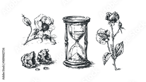 Sketch of Hourglass and Flowers with Rocks. Vector hand drawn illustration