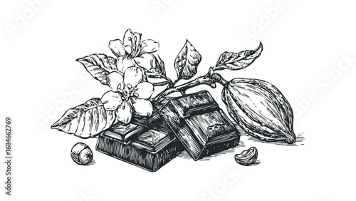 Hand drawn sketch of chocolate bar segments with cacao pod and blooming flowers. Vector hand drawn illustration