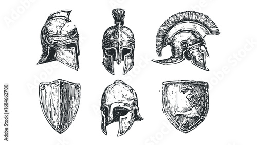 Ancient warrior helmets and shields, hand drawn sketch collection. Vector hand drawn illustration