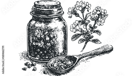 Jar of spices and herb sprig on transparent background. Vector hand drawn illustration
