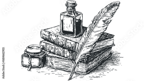 Vintage quill pen with inkwell and stack of books. Vector hand drawn illustration