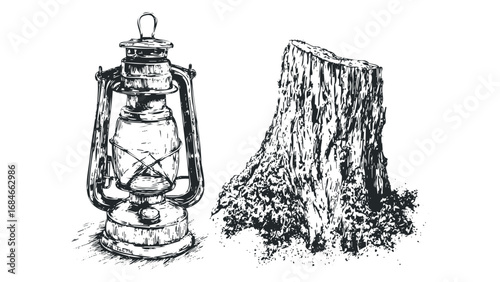 Vintage kerosene lantern and tree stump in black and white sketch. Vector hand drawn illustration