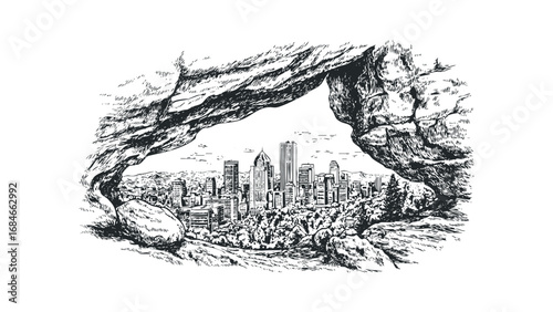 Sketchy view of cityscape through a rocky cave opening. Vector hand drawn illustration