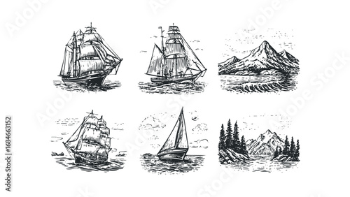 Vintage sailing ships and mountainous coastal landscape collection on transparent background. Vector hand drawn illustration