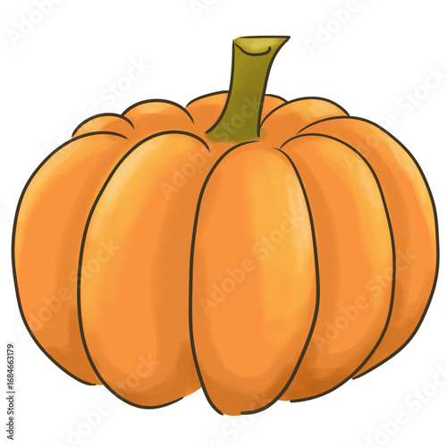 Vibrant Cartoon Pumpkin with Green Stem and Detailed Shadows