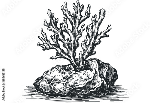 Detailed sketch of a branching coral on a rock. Vector hand drawn illustration
