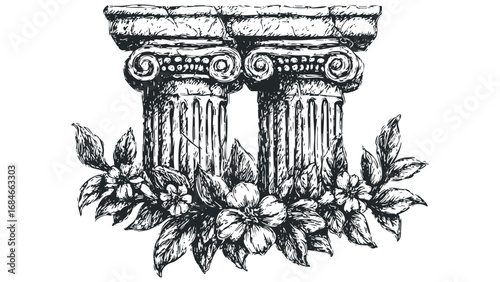 Hand Drawn Greek Columns with Floral Garland. Vector hand drawn illustration
