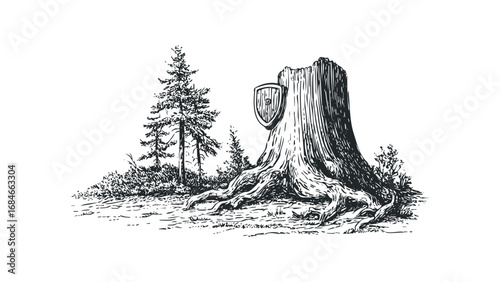 Woodland scene with a weathered tree stump and a protective shield. Vector hand drawn illustration