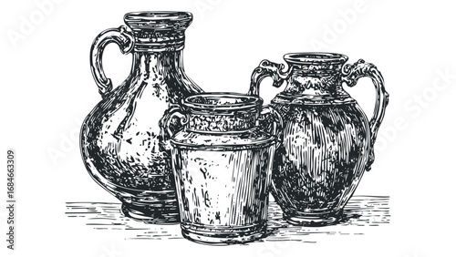 Black and white sketch of antique ceramic jugs and vessels. Vector hand drawn illustration