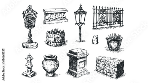Hand Drawn Collection of Ornate Architectural Elements and Garden Features. Vector hand drawn illustration