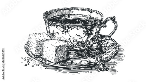 Ornate teacup with saucer, spoon, and two sugar cubes in sketch style. Vector hand drawn illustration