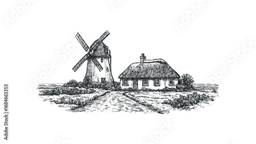Vintage hand-drawn rural landscape featuring a thatched cottage and windmill. Vector hand drawn illustration