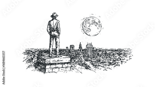 Man in fedora and suspenders gazes at cityscape under a large moon. Vector hand drawn illustration