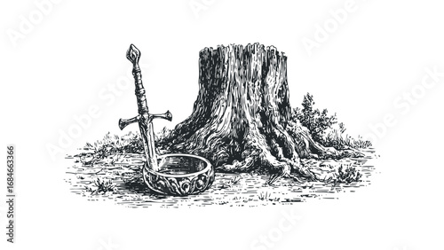 Fantasy medieval sword stuck in a bowl on grassy ground next to tree stump. Vector hand drawn illustration