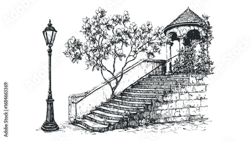 Sketch of a garden staircase with blooming tree and lamp. Vector hand drawn illustration