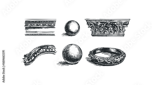 Ornate architectural elements and spherical objects in linocut style. Vector hand drawn illustration