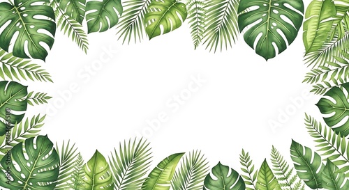 Watercolor Tropical Foliage Frame with Lush Green Leaves on White Background