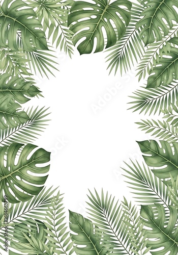 Watercolor Tropical Foliage Frame with Monstera and Palm Leaves on White