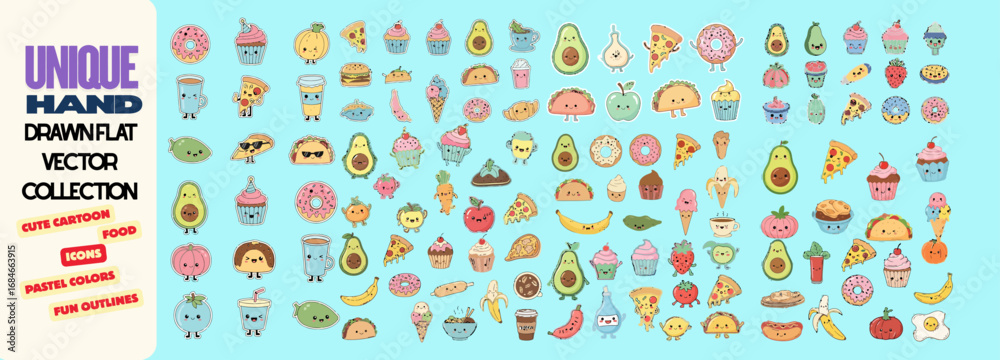 Fototapeta premium Cute Cartoon Food Vector Icons Set – Hand Drawn Flat Pastel Collection of Donuts, Pizza, Avocado, Cupcakes, Ice Cream, Fruits and Drinks