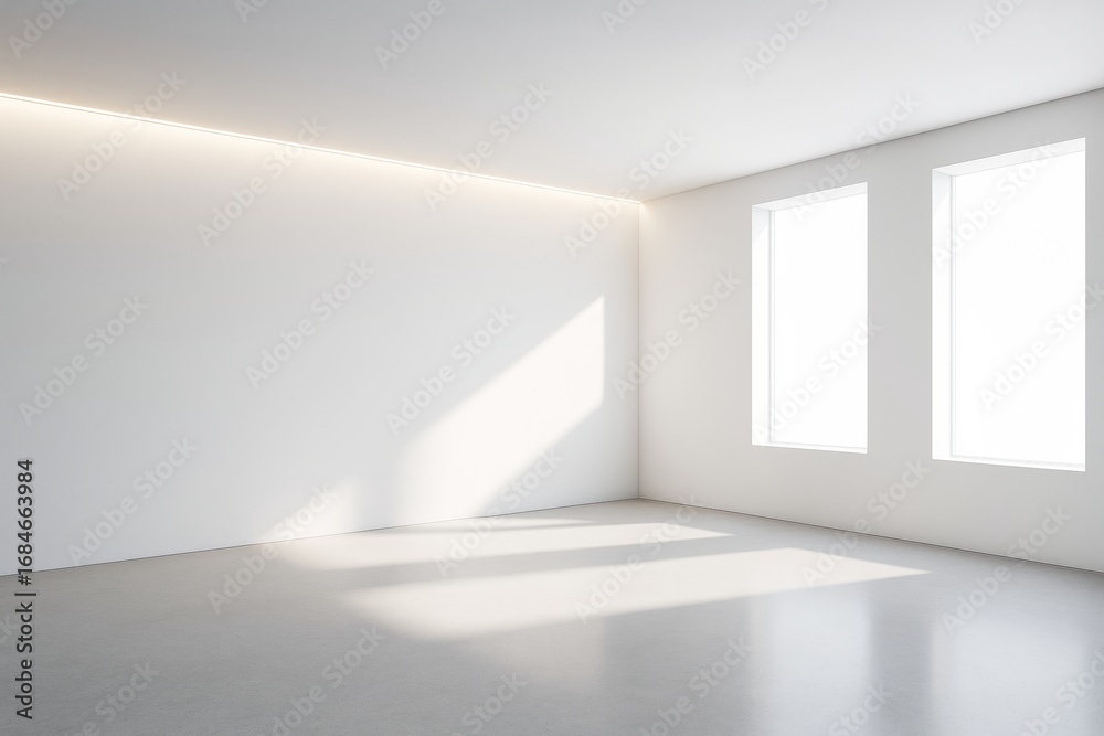 Fototapeta premium Bright minimalist interior with large windows casting sunlight onto blank white walls and clean gray floor for modern design mockup template use.