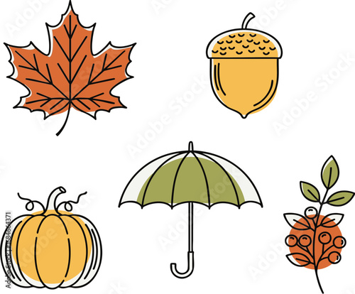 Autumnal elements featuring maple leaf, acorn, umbrella, pumpkin, and berries arranged on a white surface, evoking a cozy and seasonal atmosphere.