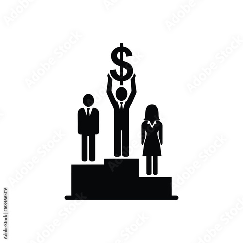 Business Success Concept Person Holding Dollar Sign Above Others on a Podium. Vector illustration