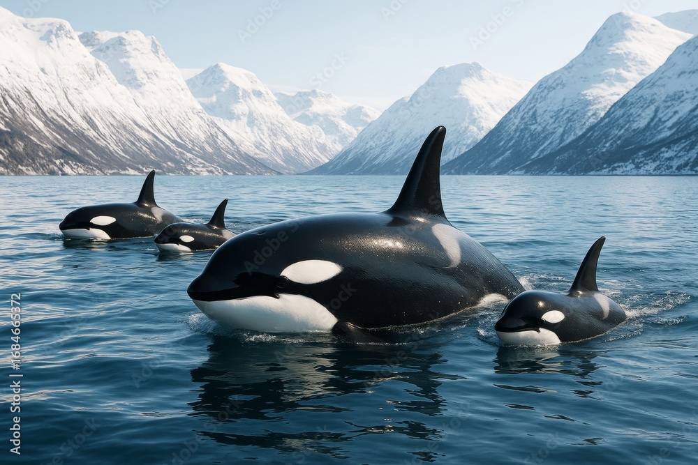 Fototapeta premium Family of orcas swimming in cold ocean waters with snowy mountain background under clear daylight in a creative and realistic visual style. Ai generative