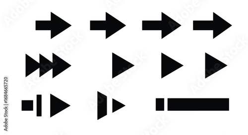 Collection of black arrow icons pointing to the right direction on white background.