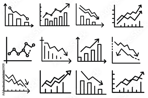 Set of upward and downward trend arrows and graphs illustrating growth and decline