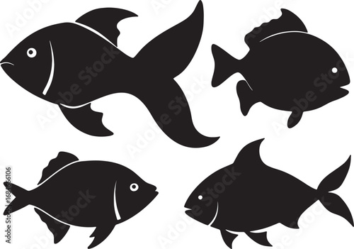 Silhouettes of four diverse fish species swimming gracefully underwater aquatic life