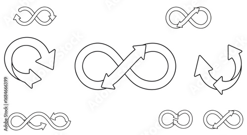 Collection of infinity symbols with arrows, representing endless loops and recurring processes.